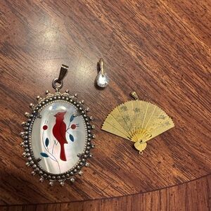 Red Bird Pendant with Gold Fan Charm